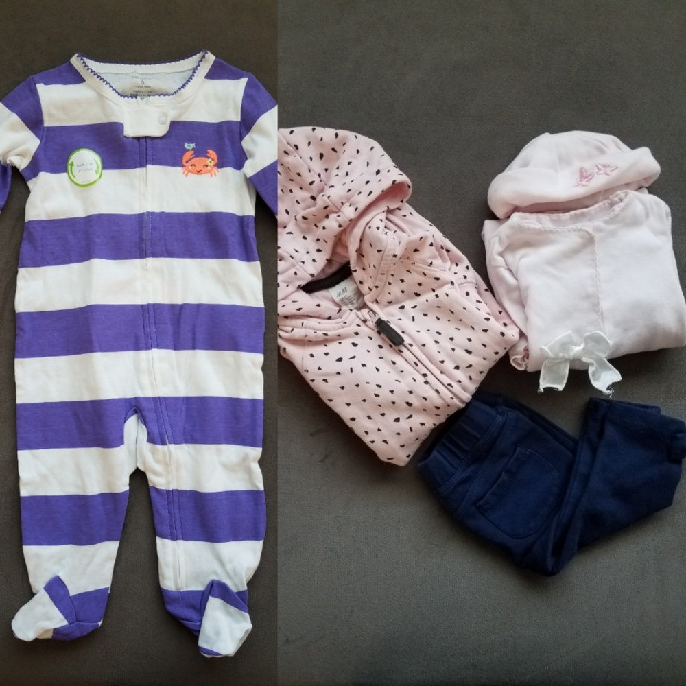 A lot of 3-6 mth footie, 2 jumpsuits, and 1 pants